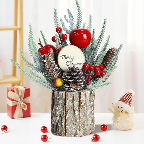 Durdiiy Flores artificiales de Navidad, mini árbol de Navidad, plantas falsas en barriles de madera, hechos a mano, exquisitos adornos de mesa de escritorio nórdicos, regalos de Navidad, decoraciones