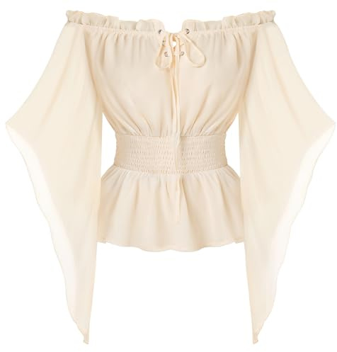 SCARLET DARKNESS Damen Cottagecore Dirndlbluse Retro Korsett Einfarbig Country Carmenbluse Aprikose XL