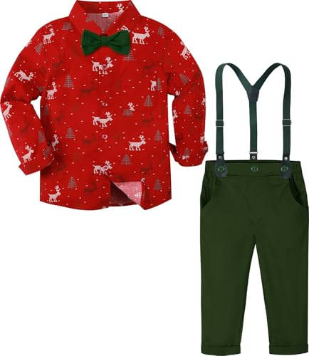 Set di 4 abiti per bambini di mintgreen, tuta da gentiluomo per Natale, con bretelle e camicia, 1-6 anni, Alce rossa., 2-3 Years