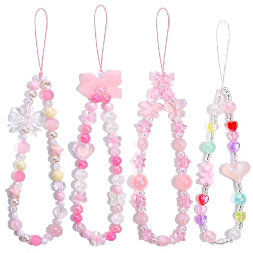 Ruispeed 4 Piece Cute Y2K Phone Charms Pink – With Bear, Bow, Flower, Heart, Star, Beaded Lanyard, Anti-Theft Chain for Bag, Keyring, AirPods, Decoration