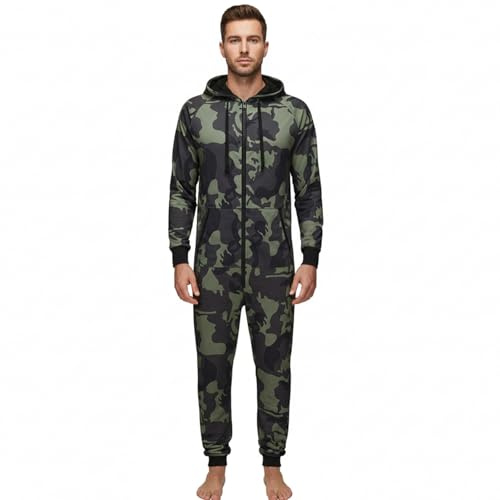 QIYUANT Pijama Una Pieza Hombre Cálido Espesado Forro de Franela Francesa Suave Pijamas Mono Entero con Capucha Manga Larga Deportiva Jumpsuit Onesie Adulto Ropa de Casa Dormir (Verde Camuflaje, L)