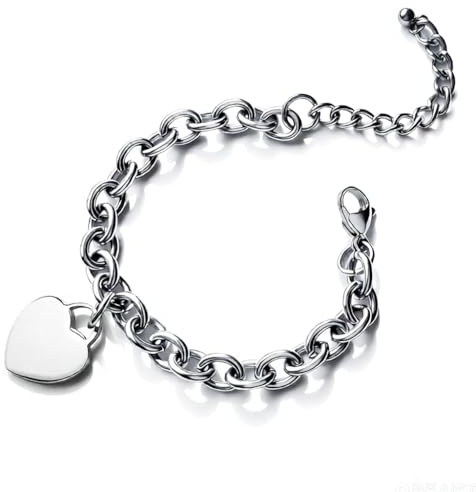WangGao Elegent Love Stainless Steel Heart Charms Link Chain Bracelet for Women Blank Heart Charm Bracelets Birthday Gifts for Lover,Silver Color