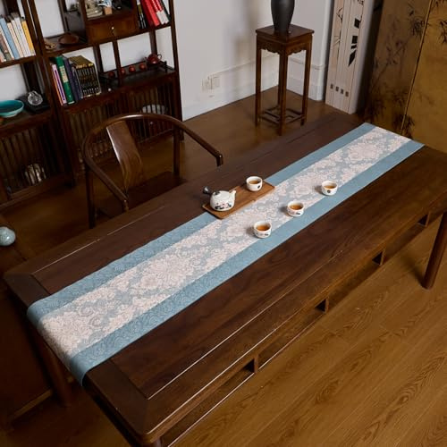 Tischläufer Lang 215cm Jacquard Blumen 33x215 cm, Luxus Tischband Stoff Für Esstisch Hochzeit Weihnachten Deko, Vintage Tischdekoration Modern Landhausstil Frühling Party, Abwaschbar