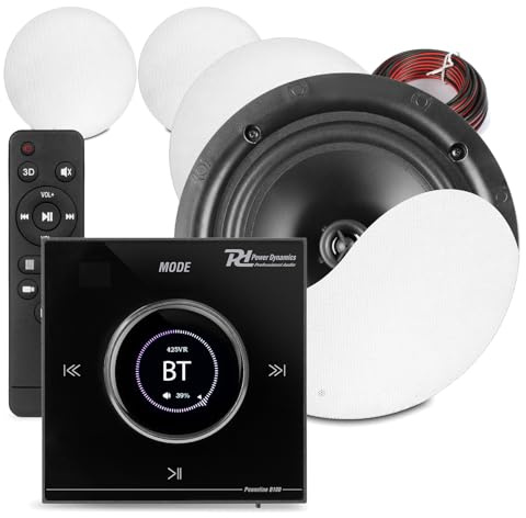 Power Dynamics Powerline B100B Bluetooth Ceiling Speaker System with 4x 8” Low Profile Ceiling Speakers and In-Wall LCD Amplifier for Home Audio Installed Speakers Multi-Room