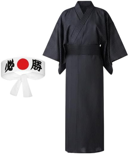 Ericetion Kimono Japonés Yukata con Diadema para Hombre, Kimono Tradicional Samurái, Uniforme Hakama, Disfraz De Cosplay