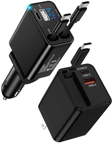 Retractable Car Charger USB-C for Samsung Galaxy S26 Ultra S26+ S25 S24 Apple iPhone 17e 17 Pro Max 16 Air, 47W Fast Car Charger Adapter + 35W Foldable Wall Plug - USB C Charging with Built-in Cables