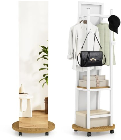 COSTWAY Miroir sur Pied, Grand Miroir avec Porte-Manteau, 4 Roues Pivotantes à 360°, 3 Crochets, Étagères de Rangement, Cadre en Métal, pour Chambre Salon Entrée, 45 x 135 cm (Blanc&Naturel)
