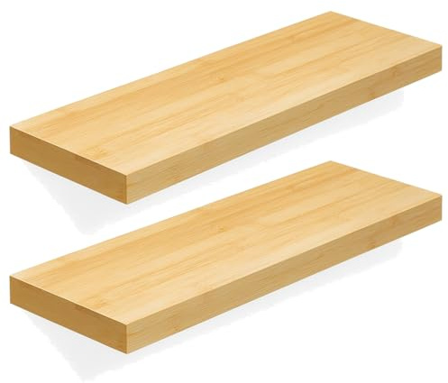 Begryf Wandregal Brett 2er Set Bambusoptik – Regalbretter 80x20x3,8 cm aus MDF, schwebendes Wandboard für Wohnzimmer Küche Flur Bad, Deko Ablage, pflegeleicht und stabil