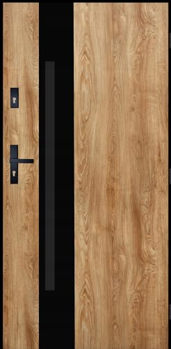Haustür 80x200 cm DIN Rechts - Eingangstür 72 mm mit Nano-Beschichtung - Stahltür 1,3 Ud-Wert - Komplettset inkl. Zarge und Drücker - Robuste Außentür mit Tresorbolzen - Mars 01 Eiche Turner