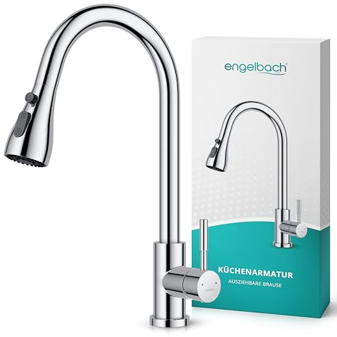 Engelbach® Wasserhahn Küche - ausziehbar & 360 Grad schwenkbar für maximale Reichweite - 304 Edelstahl Küchenarmatur mit 2 Strahlarten, Spültischarmatur, Mischbatterie, Chrom