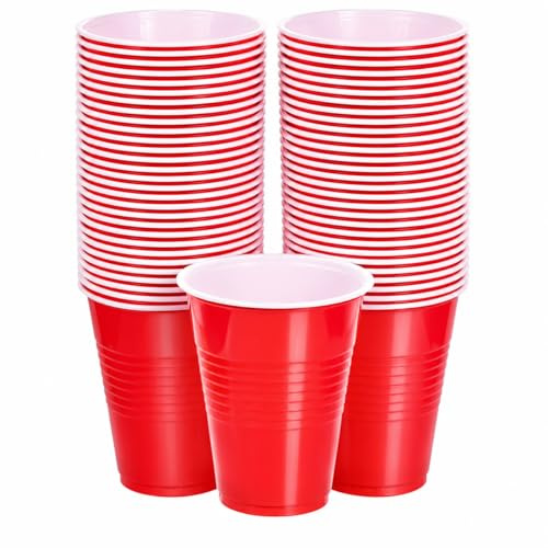 1ABOVE Red Plastic Party Cups 12 Oz – Pack of 50 Durable Disposable Drinking Cups, Reusable & Stackable Red Cups for Parties, BBQs, Picnics, Weddings & Events