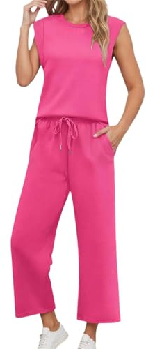 Générique 2-delat set dam bomull tunika och byxor casual kortärmad lös topp dekorativa knappar andas elegant vår tvådelad A170, rosa, M