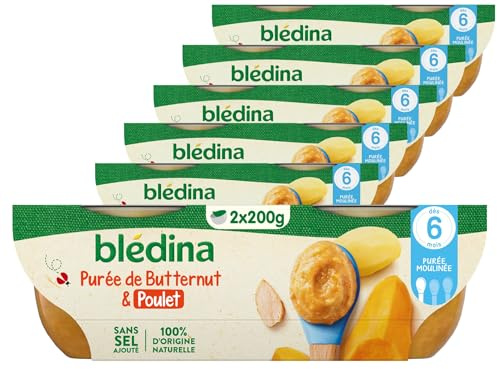 Blédina - Bols - Repas midi bébé - Purée de Butternut & Poulet - Dès 6 mois - Sans sel ajouté - 12x200g