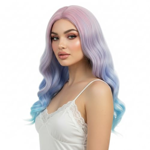 STfantasy Lila Ombre Rosa Frauen Perücken Lange Gerade Schicht Kunsthaar für Mädchen Damen Weibliche Cosplay Anime Kostüm Party Karneval (Blauer Pulvergradient)