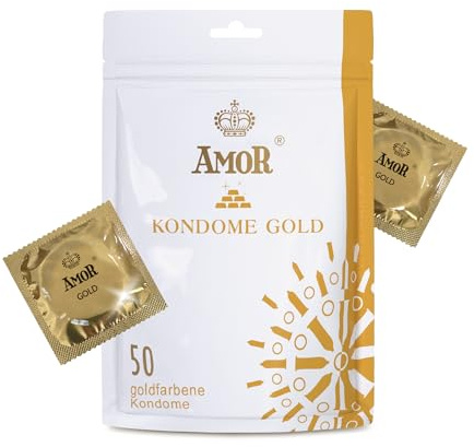AMOR Premium Kondome, Mit extra dünner oder starker Wanddicke, Farbe Gold, Ø 53 mm, 50 Stück, Ideal für Männer