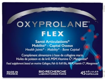 Oxyprolane® Flex • Complément Alimentaire Articulations, Capital Osseux, Arthrose • 45 gélules • Collagène Marin, MSM, Manganèse • Fabriqué en France LABORATOIRES BIO-RECHERCHE ®