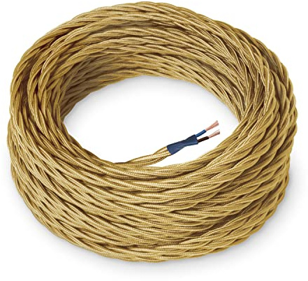 Amarcords - Textilkabel für Lampen GOLD, geflochten, Seide, 5 Meter, mit 2 Leiter 2x0,75 - Stoffkabel mit farbigem vintage Stoff überzogen für Kronleuchter, Wandlampen und Lampenschirme