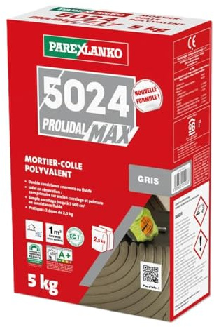 PAREXLANKO - Colle à carrelage à double consistance (C2 ET/EG) - 5024 PROLIDAL MAX - Pour pose de céramiques et pierres naturelles - Grands Formats jusqu'à 3600 cm² - Pose sans primaire - Gris - 5kg
