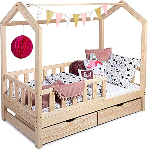 Sanmar Kinderbett Bett Hausbett 60x120 mit Rausfallschutz Lattenrost und Schubladen Bettgestell aus Kiefer Holz für Haus Kinder Jungen & Mädchen - Holzbett Baby Kinderzimmer Junge Deko