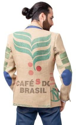 Exklusiver Herren Designer-Sakko aus brasilianischen Kaffeesäcken mit originalem Print der Kaffeefarm, Olivenholz-Knöpfen & Ellenbogen-Patches (106)