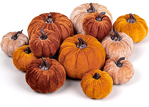 Whaline 12Pcs Fall Artificial Pumpkins 3 Sizes Fake Velvet Pumpkin Orange Brown Khaki Small Foam Pumpkin Autumn Table Centerpiece for Fall Harvest Thanksgiving Halloween Party Decoration