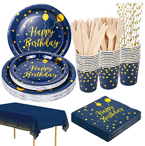 YIMAKJ Partygeschirr Set, Geburtstag Party Geschirr, Pappteller Kindergeburtstag Set für Partys, Geburtstags, Hochzeitsfest, Jubiläen, Abschlussfeier, Elegantes Dunkelblau Partyteller 20 Gäste