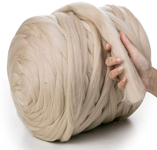 MeriWoolArt XXL Merino Wolle – 100% Schurwolle, Extra Dickes Filzgarn (4–5 cm) für Armstricken, Trocken- & Nassfilzen, Decken & Babydecken – Hellbeige 100g