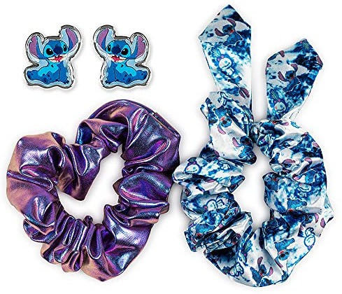 DISNEY Lilo & Stitch VE700427L - Juego de pendientes y coletero azul, 4 Piece Set, Tela, Sin piedras preciosas