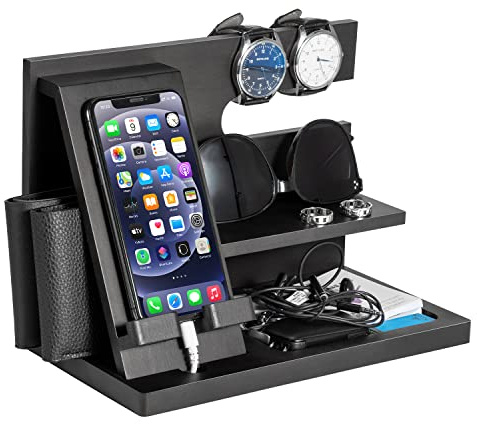 Wood Phone Docking Station - Gifts for Men Desk or Nightstand Organizer - Birthday Gifts for Husband, Fathers Day for Dad - Anniversary Idea from Wife - Key Holder, Stand Wallet, Watch & Essentials