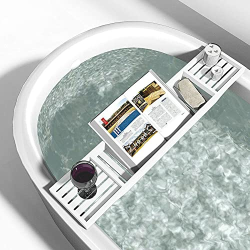 New Bamboo Bathtub Caddy Tray Bathroom Accessories Board Candle Wine Glass Book Tablet iPad & Phone Holders Bath Tub Rack Shelf Storage Organiser (White)