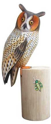 Brave Wings Hand Carved Wooden Owl ~ The Insect Hunter 27cm High ~ OOAK Ornament Sculpture Figurine Statue Unique Table Decoration Home Decor Gift for Christmas and Birthdays ~ 4836