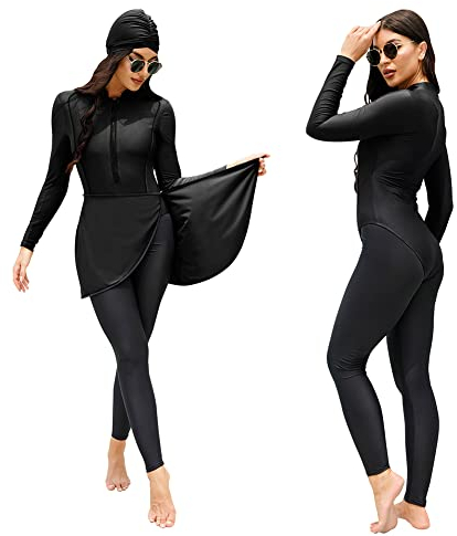 Odizli Burkini Damen Muslim Muslimische Badeanzug Frauen Langarm Body+Schwimmhose+Schürze+Hijab 4tlg Full Cover Islamisch Arabisch Jilbab Hasema Schwimmanzug Ganzkörper Modest Bademode Schwarz XL