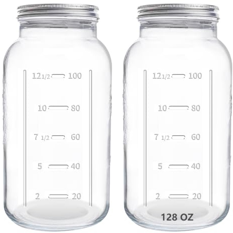eleganttime 128 oz Mason Jars Extra Wide Mouth 2 Pack, 1 Gallon Glass Large Jars with Airtight Lid, Safe for Food Storage,Curing, Fermentation and Preservation(Not standard wide mouth)