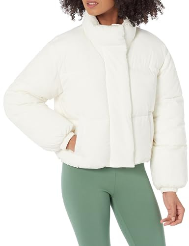 Amazon Essentials Veste matelassée courte à fermeture éclair intégrale pour femme (polaire matelassée mate ou sherpa), blanc coquille d'œuf, taille L