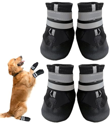 Dricar Scarpe per cani, set di 4 stivali per cani per zampe ferite, impermeabili, antiscivolo, con cinghie riflettenti per cani di taglia piccola, media e grande, corsa, colore nero (M)