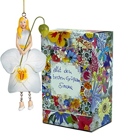 Fiebiger Floristik Blumen-Mädchen Orchideamädchen Phalaenopsis weiß zum Hängen Elfen-Dekofigur Flower Fairy Figur Blumenfigur Skulptur Blumenkinder in Geschenk-Box