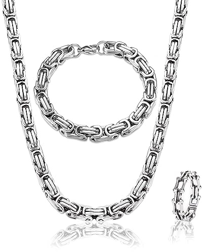Uirheurd Königskette Herren Silber Edelstahl, 5mm Breite Halskette Armband Einstellbare Ringe Set Herren Ketten Königs Kette Byzantinische Kette Halskette Länge 60cm
