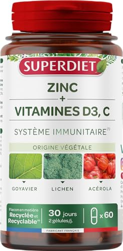 Zinc, vitamines D3, C - Complexe immunité - Origine Végétale - Gélules | Cure de 30 jours - 60 gélules - Energie, Défenses immunitaires, Stress oxydatif - Fabrication Française - Superdiet