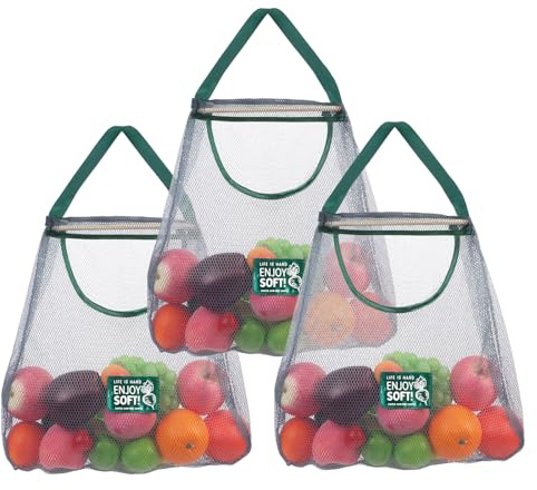 Minicoco Hanging Net String Shopping Bags 3Pcs Reusable Produce Bags Vegetables Fruits Commodities Outgoing Travel Tote String Bag Portable Grocery Mesh Bags（Green ）