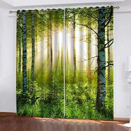 Gardinen Wohnzimmer Mit Ösen, Vorhang Blickdicht 3D Sonnige Grüne Wälder Muster Verdunklungsvorhänge Kinderzimmer Fensterdekoration, Thermovorhang Schlafzimmer Wohnzimmer 2Er Set 270X300cm