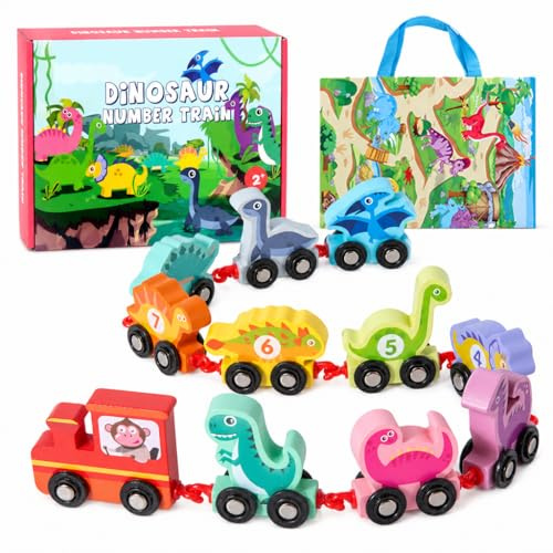 MonteSpi Montessori Wooden Dinosaur Train Toy, Number Learning Set