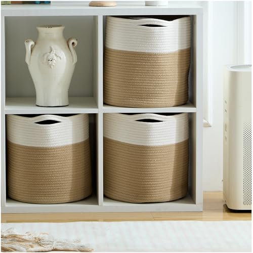 Mangata Cesto portaoggetti da 33 cm a forma di cubo, per armadio, in corda di cotone, per scaffale, materiale naturale, 33 x 33 cm (beige sabbia, confezione da 3)