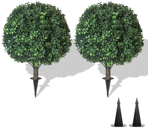 22''T Artificial Boxwood Topiary Ball Trees 2 Pack, Outdoors Artificial Bushes Faux Boxwood Plants, Artificial Shrubs Uv Rated Perfect for Outdoor, Indoor - Easy to Install
