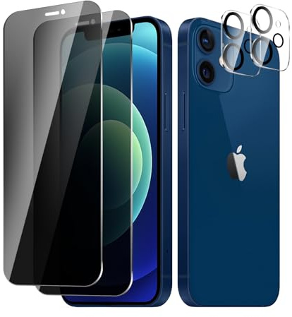 BIESHKJ 2 Stück Sichtschutzfolie für iPhone 12, Anti-Spy Panzer Schutz Glas + Kameraschutz, HD-Hartglasfolie, 9H-Härte, Kratzfest, Blasenfrei