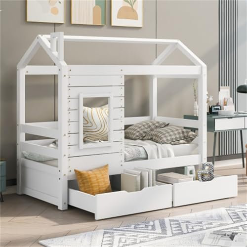 Hausbett 160x80 cm Holz Kinderbett Mit Rausfallschutz Fenster Und Lattenrost Jugendbett Für Jungen Mädchen Stauraumbett Mit Schubladen Massivholz Für Kinderzimmer Weiß