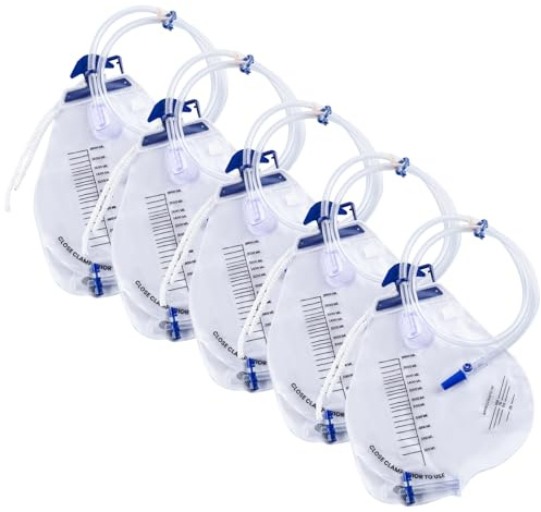Urinary Drainage Bags 5 Pack 2000ml with Anti Reflux Chamber, 48 Flexible Drainage Tube, Leak Proof Catheter Bags with Clips, Hanging Hook and Clear Scale Design