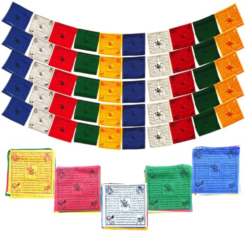 Auténticas banderas tibetanas de oración – 5 rollos, 50 banderas (8.25 x 8.25 pulgadas) en total (11 metros de largo) banderas de oración budista – Algodón impreso a mano, bendecido por un monje en