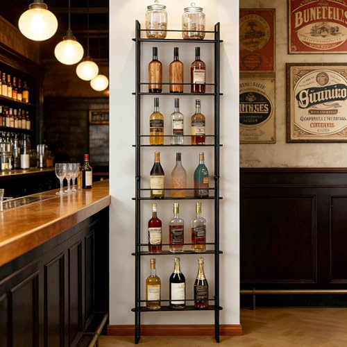 RAJYQODIS Casier à vin Mural à 6 Niveaux, étagère de présentation Noire pour Bouteilles de vin, Style Industriel, pour Bar, Cuisine, Salle à Manger et Cave à vin (1 Colonne)