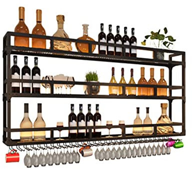 HOBURT Estante de Almacenamiento para vinoteca de Pared con Soporte para Copas de champán y Copas para Cocina y Bar, de Hierro Negro, tamaño 150 x 23 cm