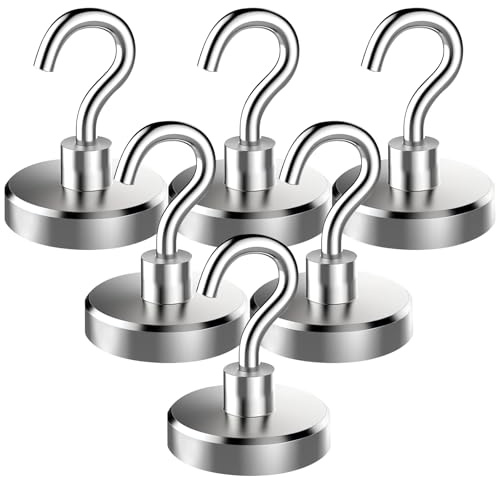 DiiWmme Lot de 6 Crochets Magnétiques 20mm, Aimant Puissant 14kg, Néodyme Détachable, pour Réfrigérateur, Cuisine, Plafond, Salle de Bain, Garage, Accroche Serviette, Ustensiles, Outil, Argenté